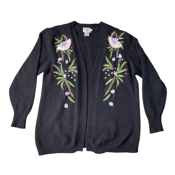 Cervelle Women's Lambs Wool Angora Blend Black Beaded Cardigan Size L Whimsical - Picture 1 of 7